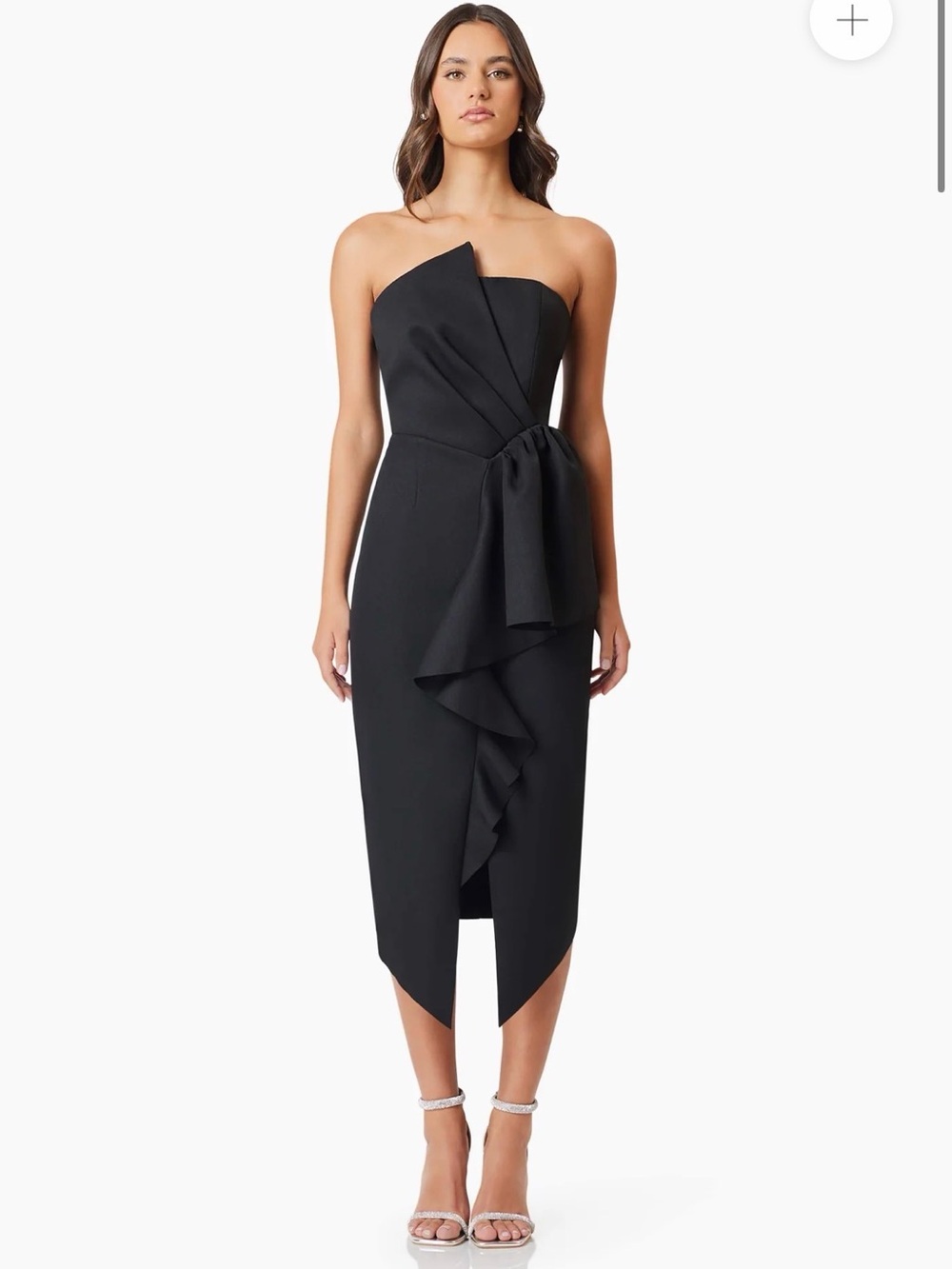 Elliatt Strapless Black Ruffle-Front Midi Dress